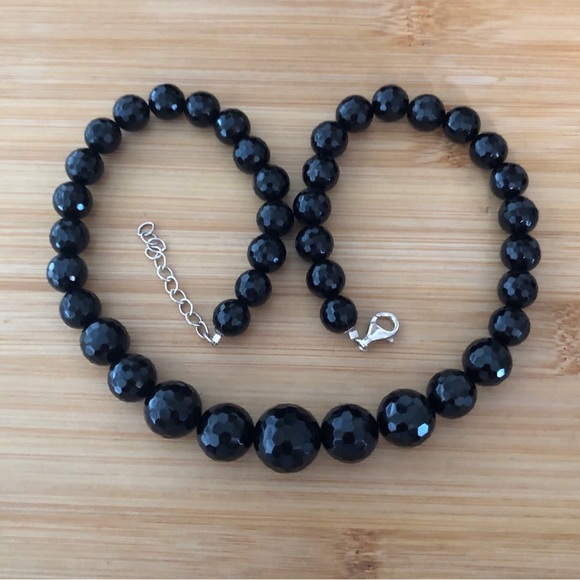 $62 Black Cut Glass Estate NecklaceSterlingMarked 925